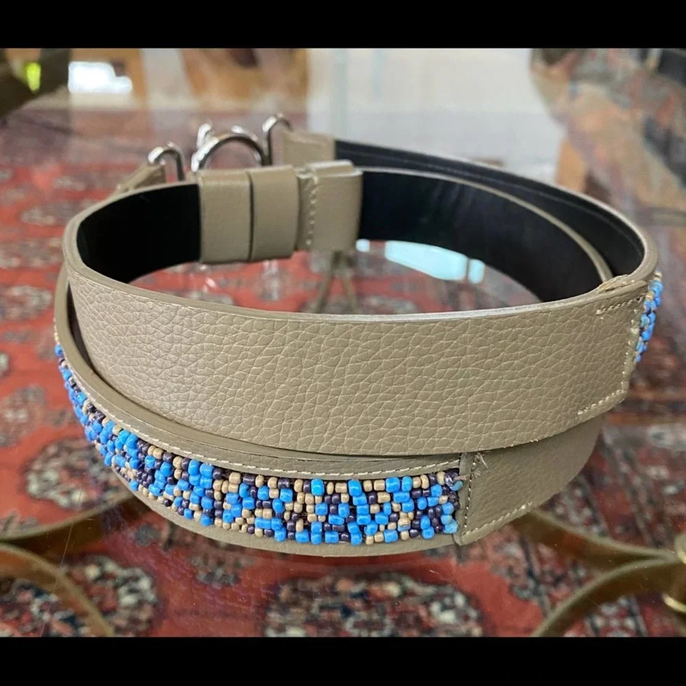 Chico's Blue Bead Faux‎ Leather Adjustable Length Belt Silver Buckle